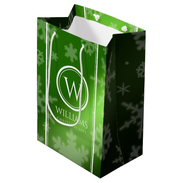 Festive Green Foil Snowflakes Monogram Name Medium Gift Bag (Front Angled)