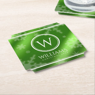 Festive Green Foil Snowflakes Monogram Name Paper Coaster