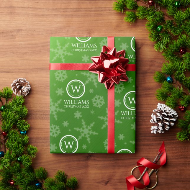 Festive Green Foil Snowflakes Monogram Name Wrapping Paper (Holiday Gift)