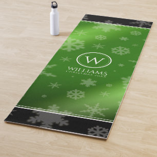 Festive Green Foil Snowflakes Monogram Name Yoga Mat