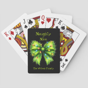 Festive Green Fur Bow-Lights Naughty or Nice Name Playing Cards