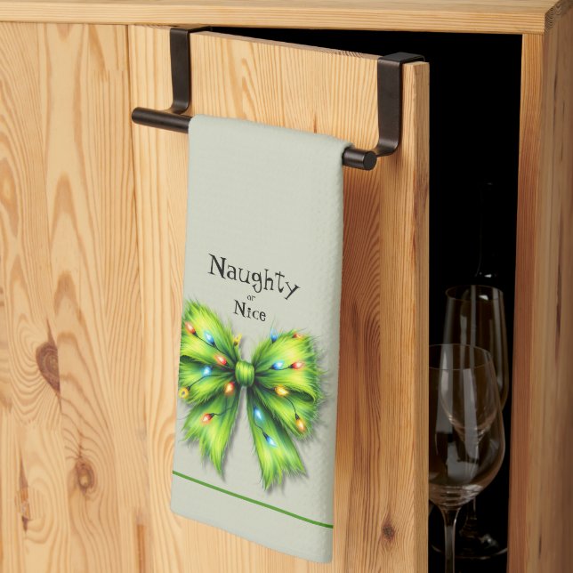 Festive Green Furry Bow-Lights Naughty or Nice Kitchen Towel (Thirds Fold)