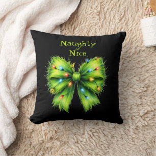 Festive Green Furry Bow-Lights Naughty or Nice Throw Pillow