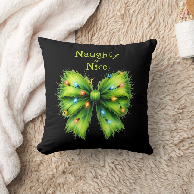 Festive Green Furry Bow-Lights Naughty or Nice Throw Pillow (Blanket)