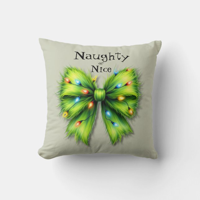 Festive Green Furry Bow-Lights Naughty or Nice Throw Pillow (Front)