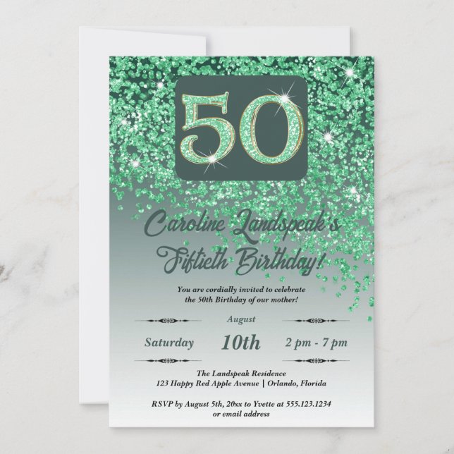 Festive Green Glitter 50th Birthday Invitation (Front)