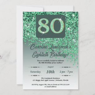 Festive Green Glitter 80th Birthday Invitation