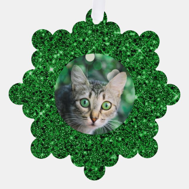 Festive Green Glitter Personalized Cat Ornament Card (Front)