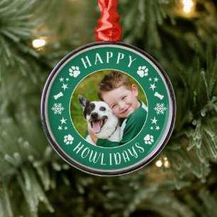 Festive Green Happy Howlidays Dog Photo Wreath Metal Ornament
