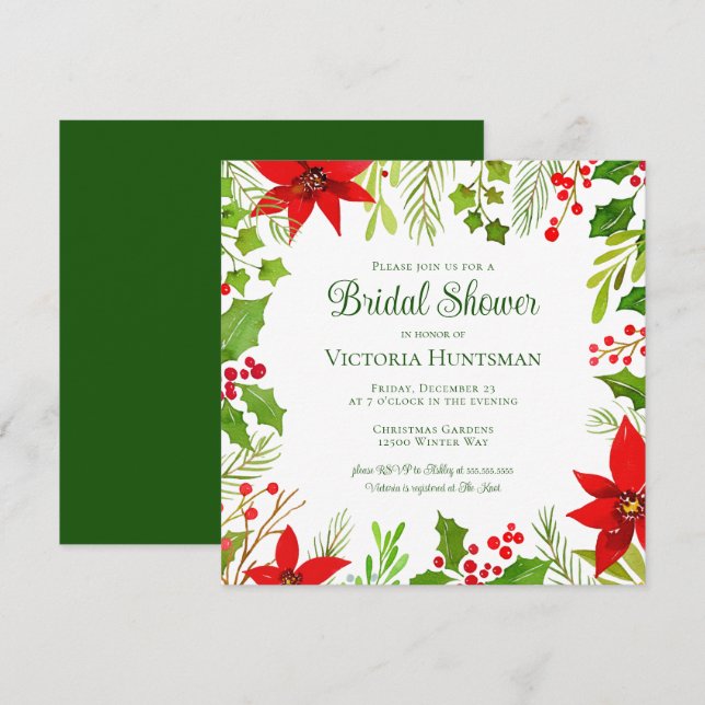 Festive Green Holiday Botanical Bridal Shower Invitation (Front/Back)