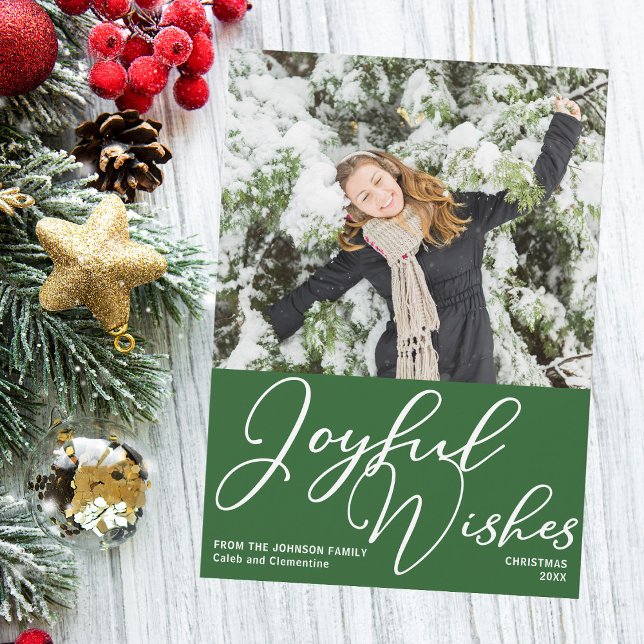 Festive Green Joyful Wishes Christmas Family Photo Holiday Card (Creator Uploaded)