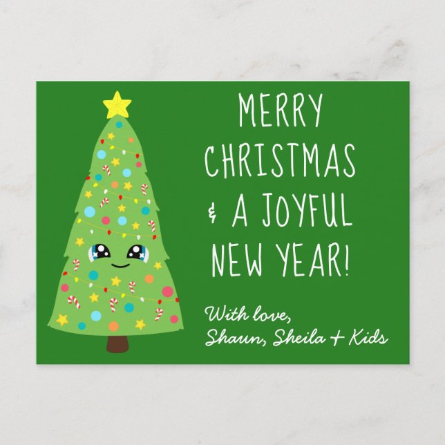 Festive Green Kawaii Christmas Tree Merry Xmas Postcard (Front)