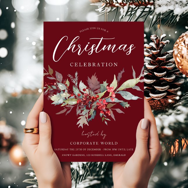 Festive Green Leaf Burgundy Red Christmas Party Invitation (Creator Uploaded)