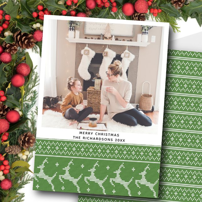 Festive Green Nordic Sweater Reindeer Pattern Holiday Card (Creator Uploaded)
