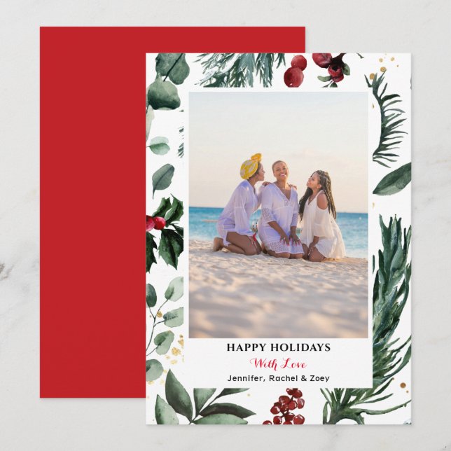 Festive Green Pine Bough Berry Merry Christmas  Holiday Card (Front/Back)
