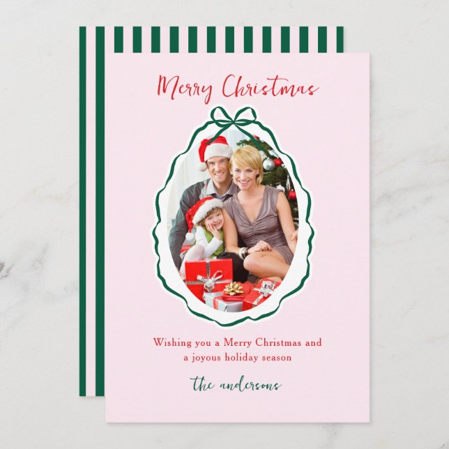 Festive Green pink Bow Frame Photo Christmas   Holiday Card (Front/Back)