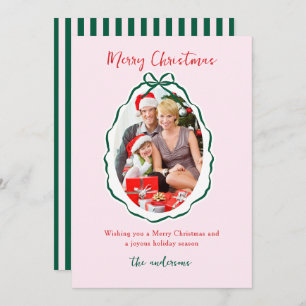 Festive Green pink Bow Frame Photo Christmas   Holiday Card