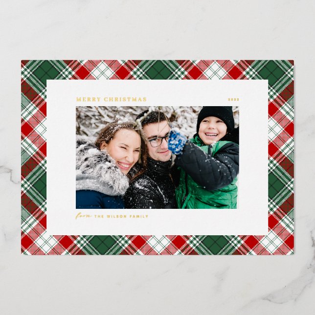 Festive Green Plaid Pattern Photo Merry Christmas Foil Holiday Card (Front)