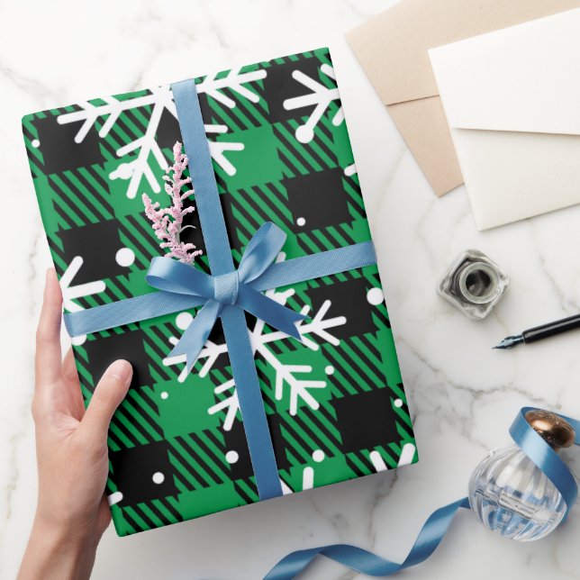 Festive Green Plaid Snowflake Buffalo Check Gift  Wrapping Paper (Gifting)