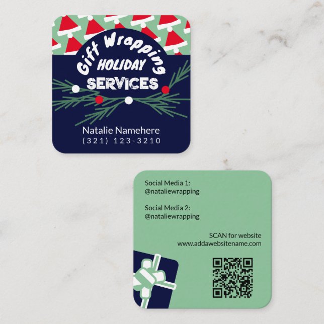 Festive Green Professional Gift Wrap Service Square Business Card (Front/Back)