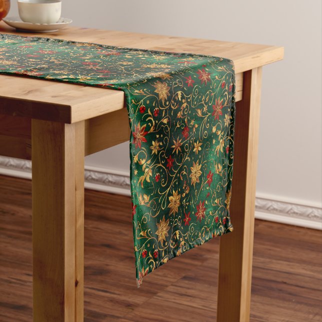Festive Green Red and Gold Poinsettia Pattern Short Table Runner (In Situ)