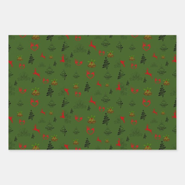 Festive Green Red and Gold Reindeer Wrapping Paper Sheet (Front)