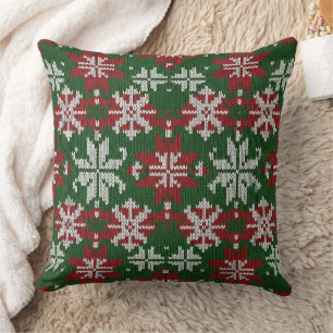 Festive Green Red and White Nordic Knit Throw Pillow