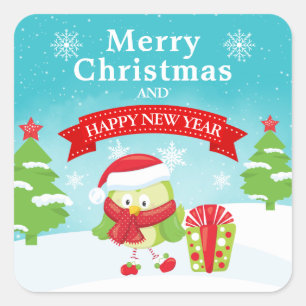Festive Green & Red Christmas Bird & Present Square Sticker