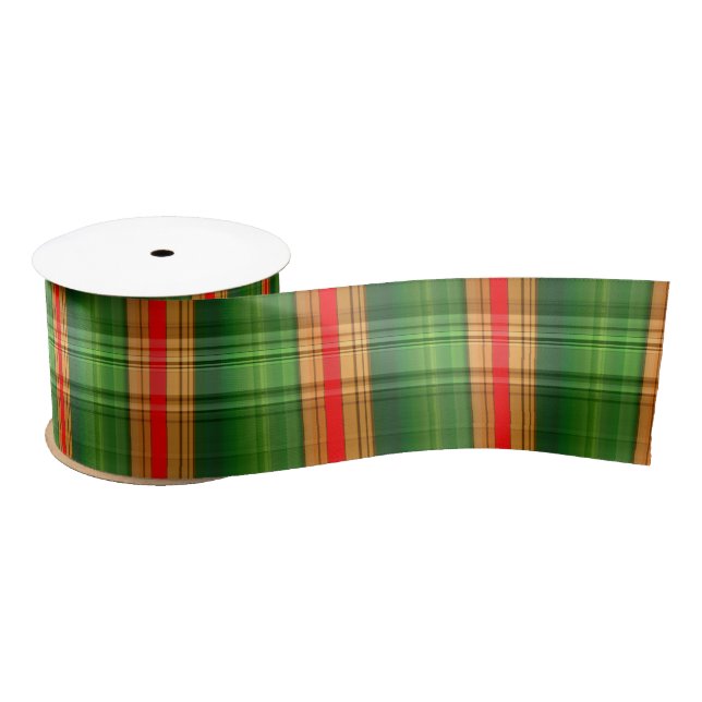 Festive Green, Red & Gold Plaid (Tartan) Satin Rib Satin Ribbon (Spool)