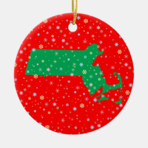 Festive Green Red Map of Massachusetts Snowflakes Ceramic Ornament