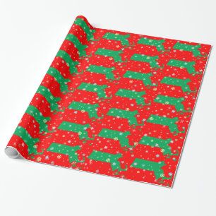 Festive Green Red Map of Massachusetts Snowflakes Wrapping Paper