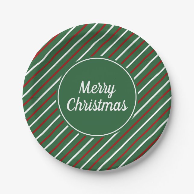 Festive Green Red Stripes Christmas  Paper Plate (Front)