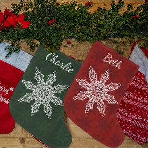 Festive Green Red & White Snowflake Personalized Large Christmas Stocking
