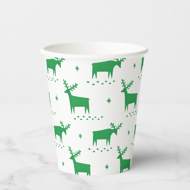 Festive Green Reindeer | Christmas Party Drinkware Paper Cups (Front)