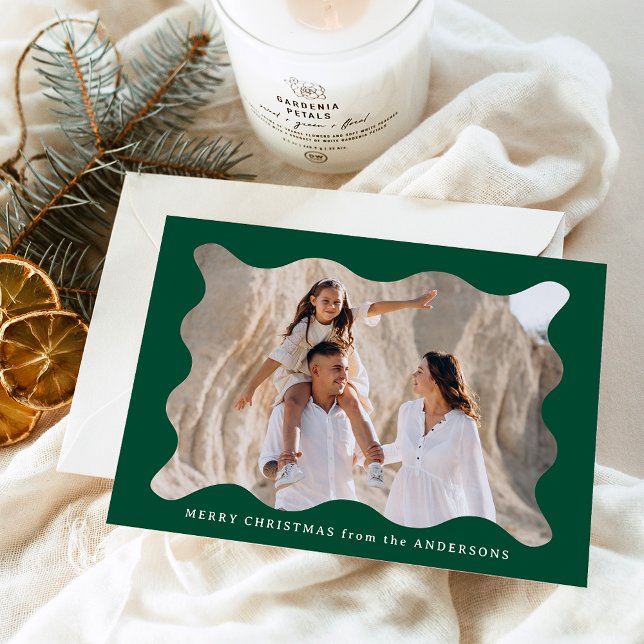 Festive Green Retro Photo Frame Merry Christmas Holiday Card (Creator Uploaded)