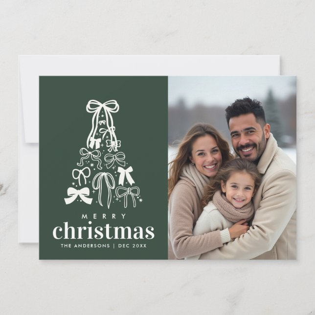 Festive Green Ribbon Photo Two Sided Christmas Holiday Card (Front)