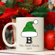 Festive Green Santa Hat Monogram Family Christmas