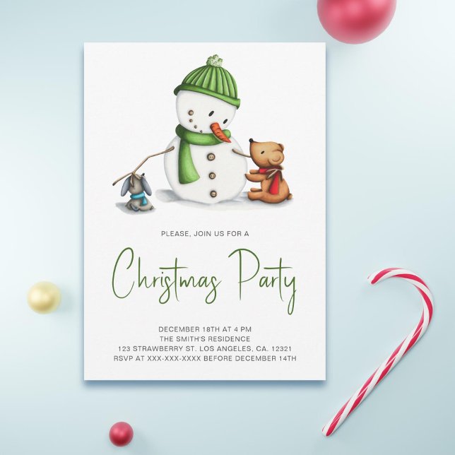 Festive Green Snowman Christmas Party Invitation (Creator Uploaded)