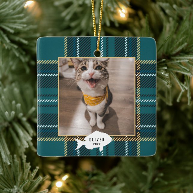 Festive Green Tartan Plaid Cat Name Christmas   Ceramic Ornament (Tree)