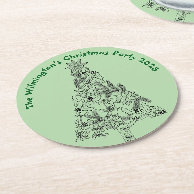 Festive Green Tree Christmas Party Round Paper Coaster (Angled)