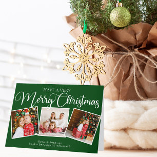 Festive Green Very Merry Christmas 3 Photo Collage Holiday Card