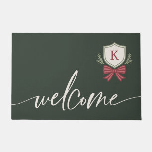 Festive Green Welcome Monogrammed Bow Christmas Doormat