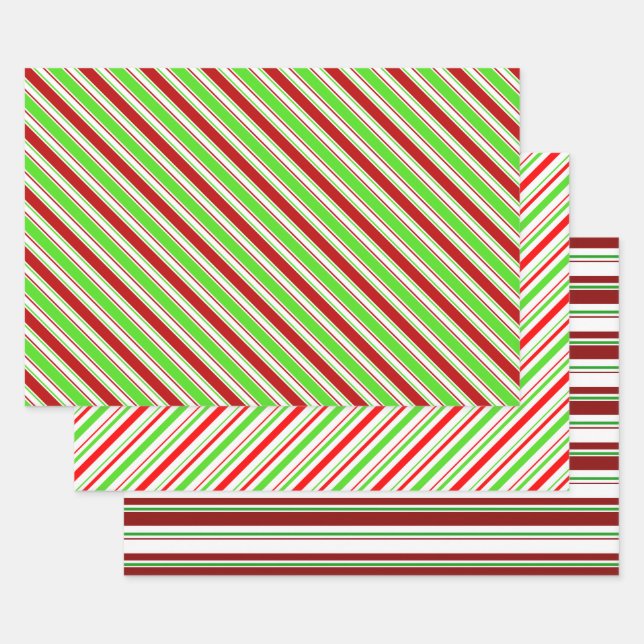Festive Green, White, Red Christmas-Style Patterns Wrapping Paper Sheet (Set)