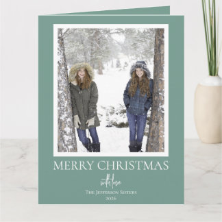 Festive Green & White Script Merry Christmas Photo Card