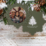 Festive Green White Snow Merry Christmas Photo Ornament Card<br><div class="desc">Your favourite family photo against a festive green with a flurry of white snow background pattern.  Merry Christmas in a modern calligraphy script just the touch for a unique gift and keepsake for all your best wishes during this holiday season.</div>