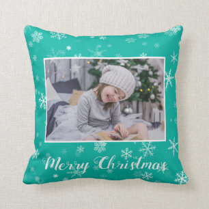Festive Green White Snowflake Christmas 2 Photo Throw Pillow