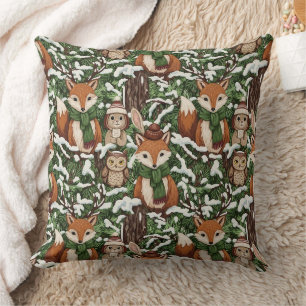 Festive Green Woodland Wildlife Christmas Pattern Throw Pillow