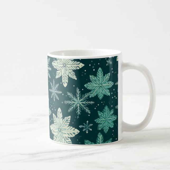 Festive Green Yellow Snowflake Holiday Pattern  Coffee Mug (Right)