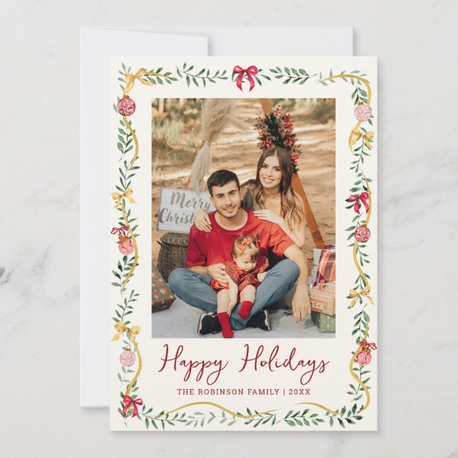 Festive Greenery & Bows Happy Holidays 1 Photo Holiday Card (Front)