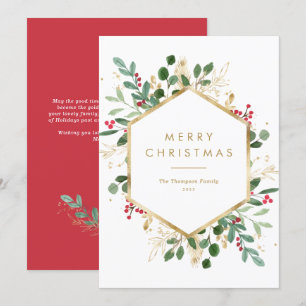 Festive Greenery Gold Foil Frame Merry Christmas Holiday Card
